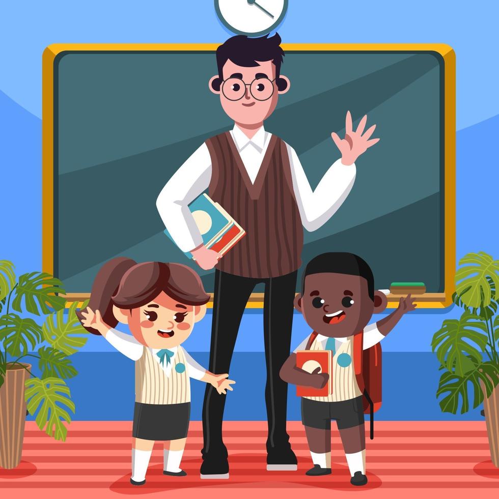 Teacher with Happy Students in a Classroom vector