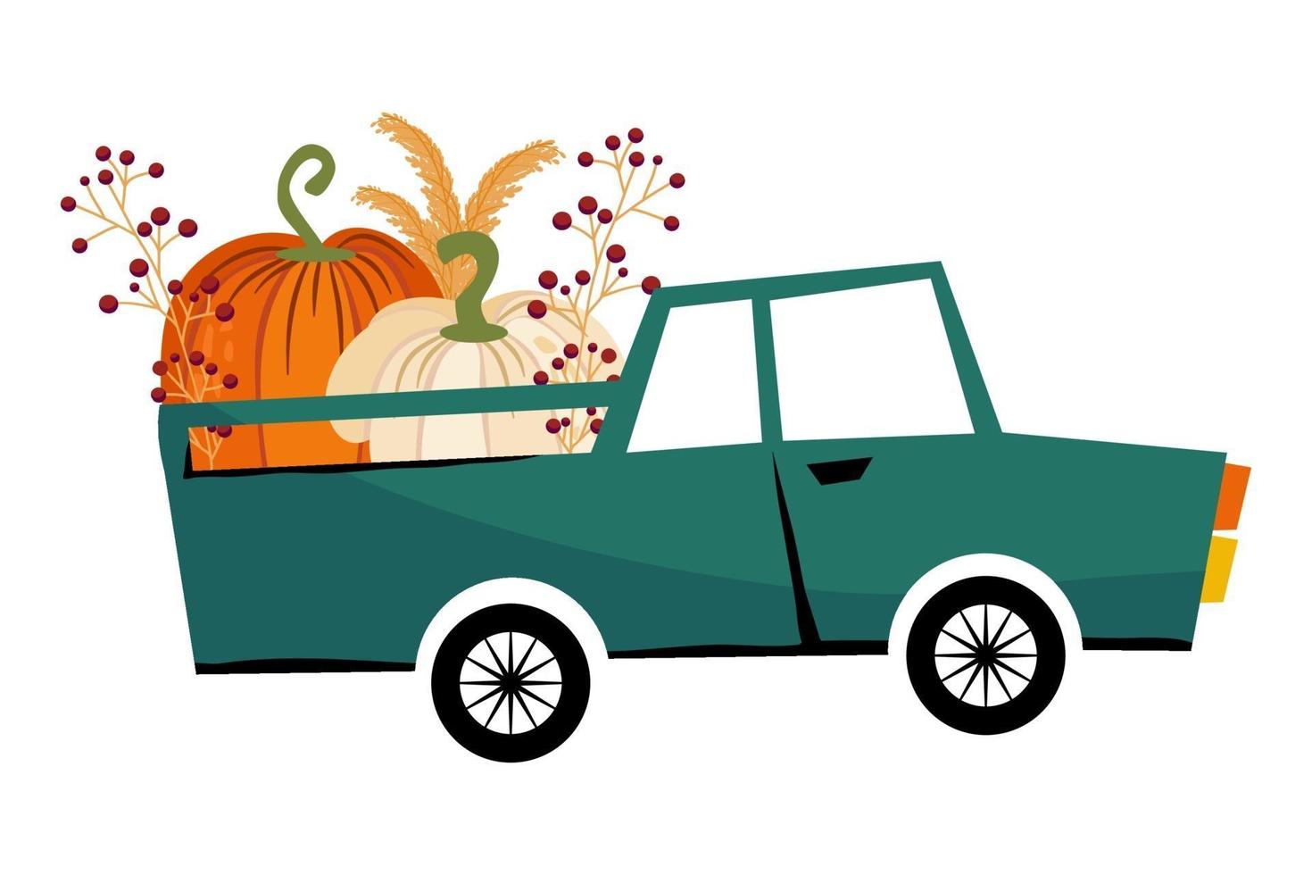 The car with pumpkins in trunk goes forward isolated on a vector