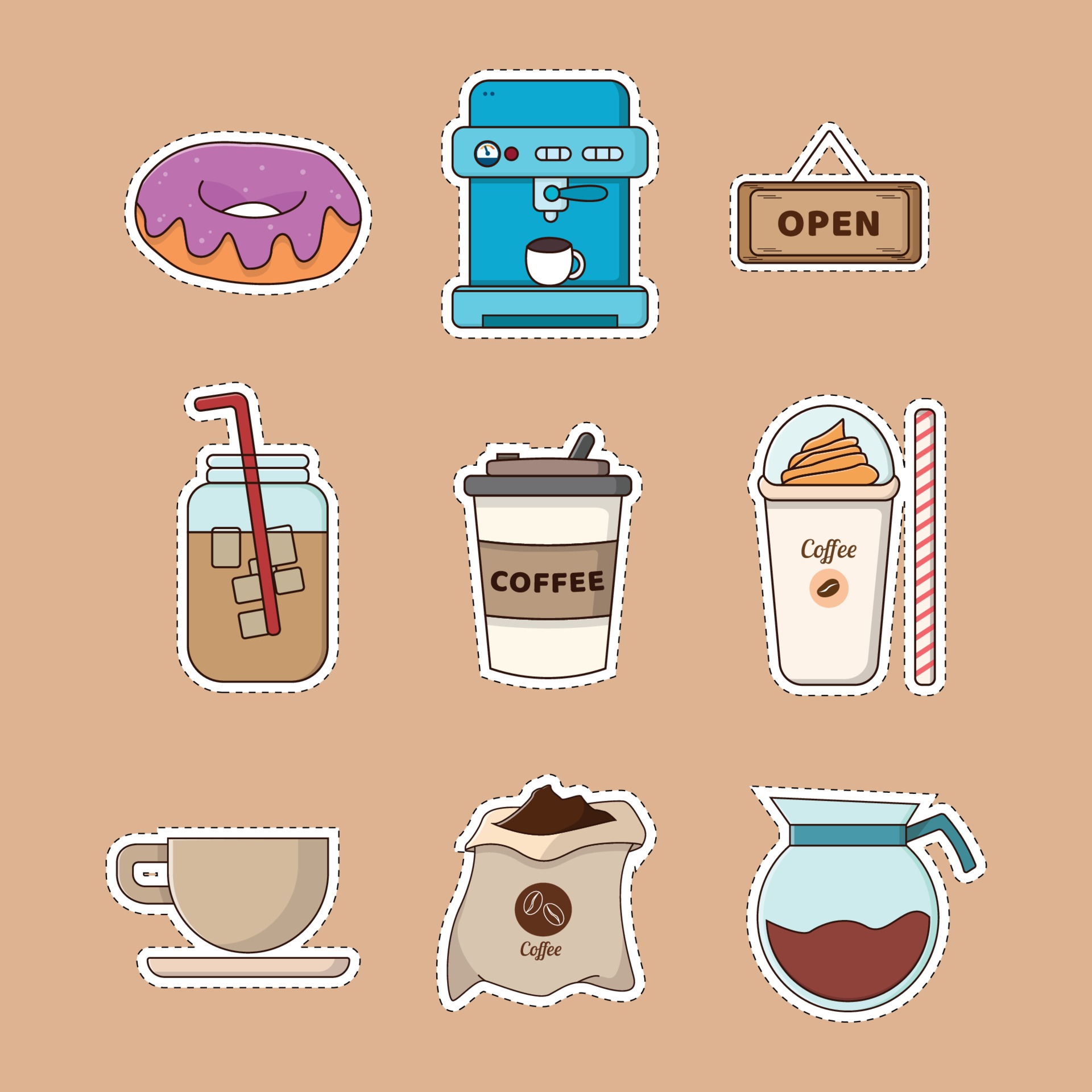 coffee shop sticker with cute design 3416628 Vector Art at Vecteezy