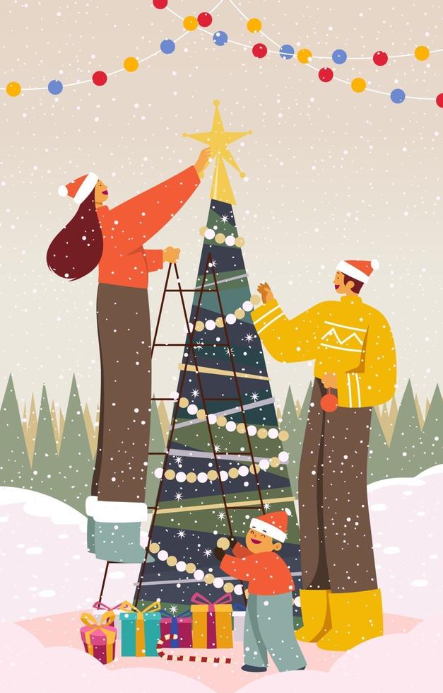 Family Decorating Christmas Tree vector