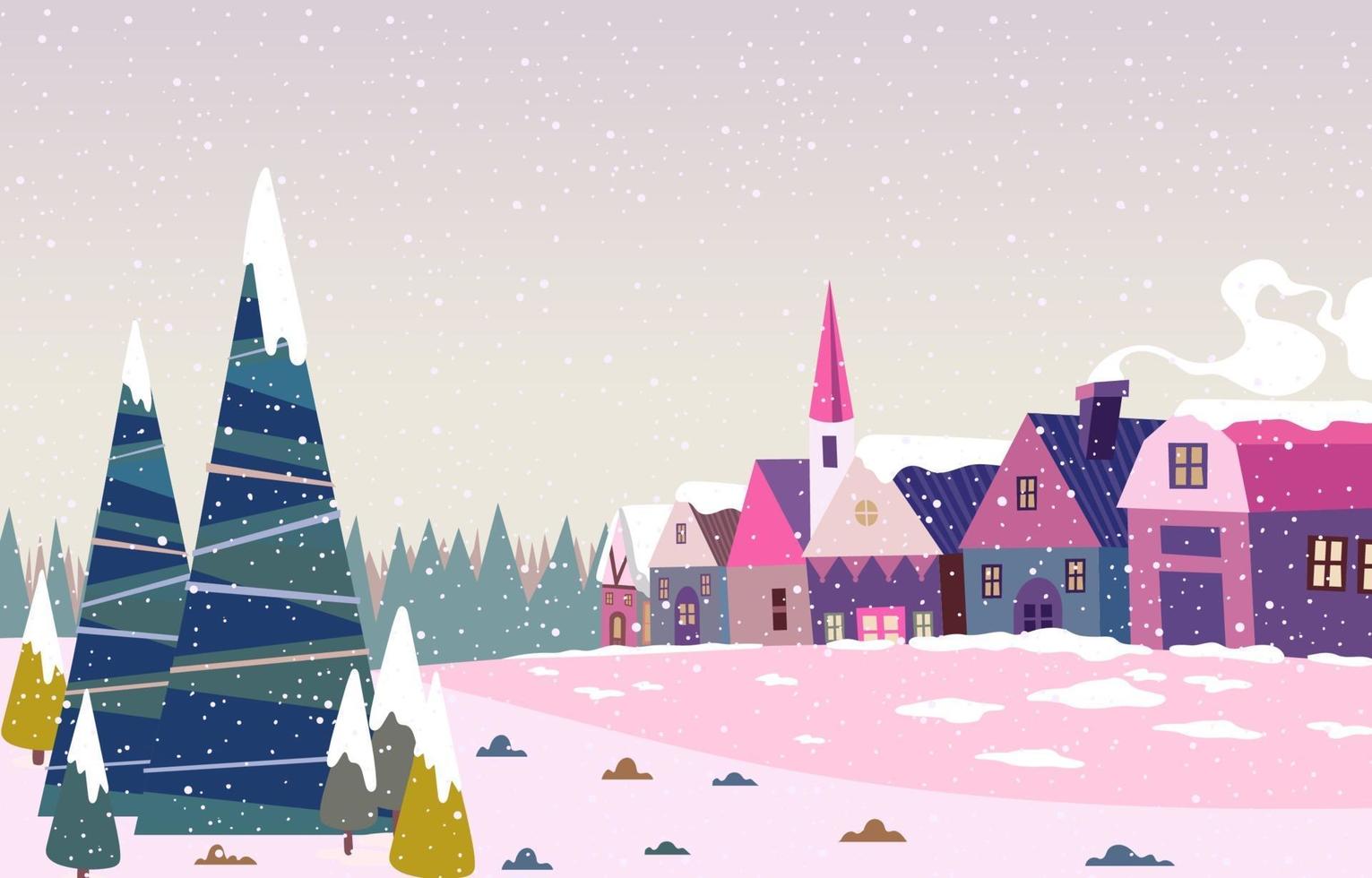 paisaje de invierno con pueblo y árboles. vector