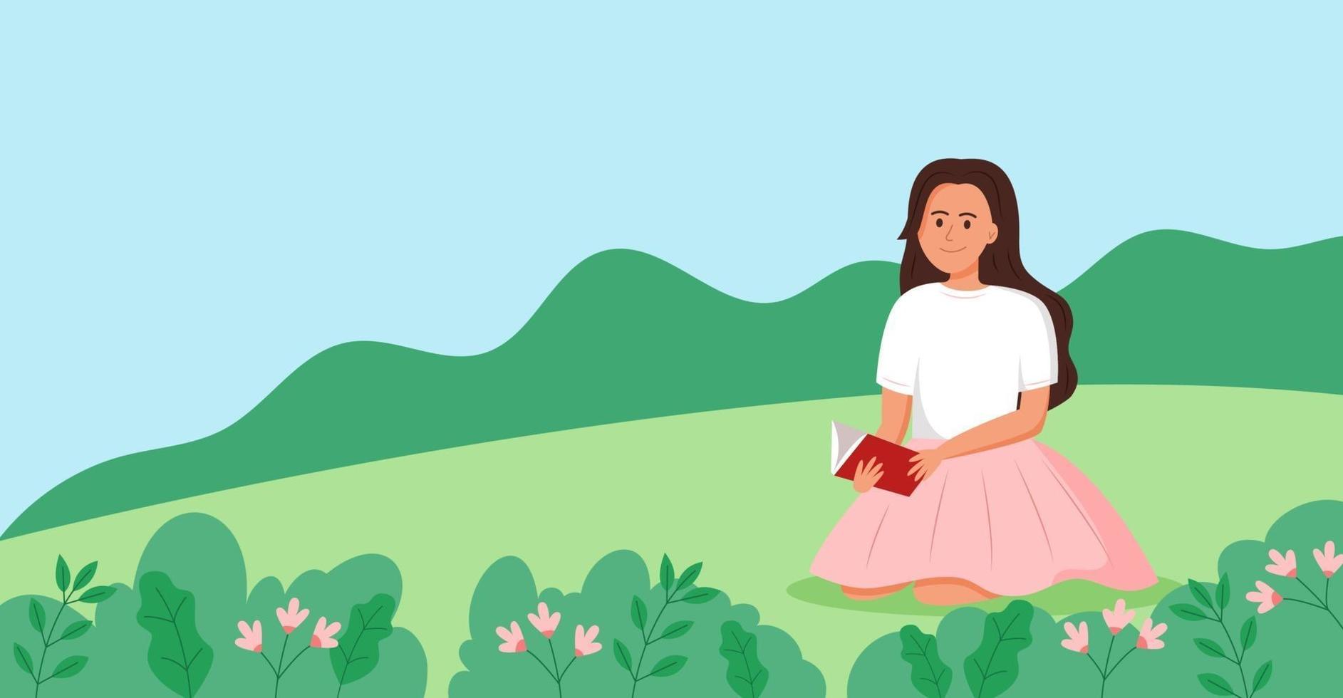 Girl reading a book on the grass. vector