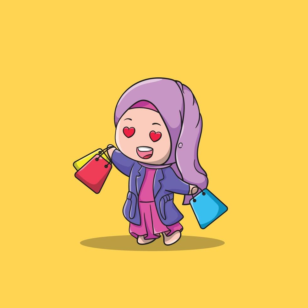 la linda chica trae muchos bolsos de compras. estilo de dibujos animados plana. vector