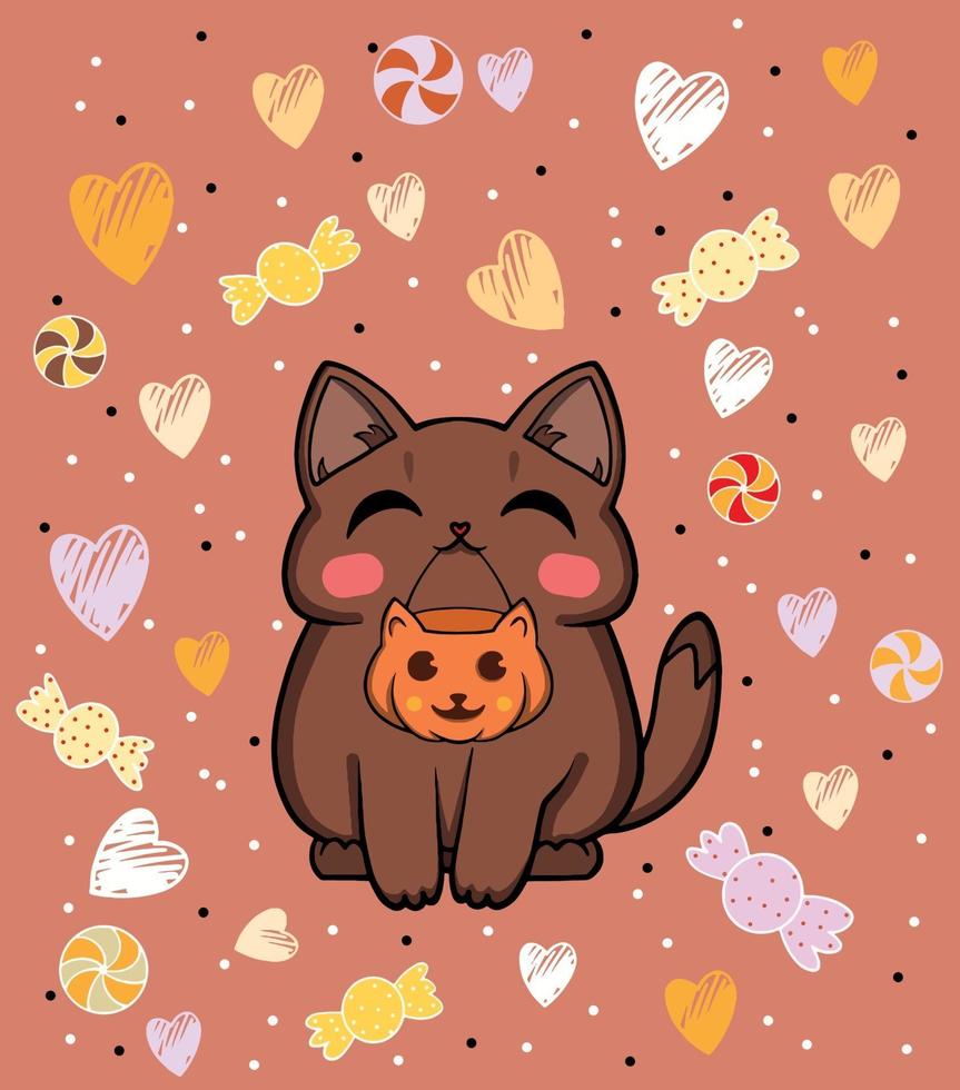 Halloween cat illustration. Drawn cute cat with a pumpkin sweets vector