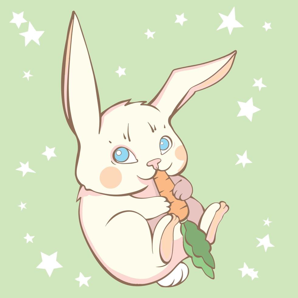 Cute baby vector drawing rabbit eating carrot on green background