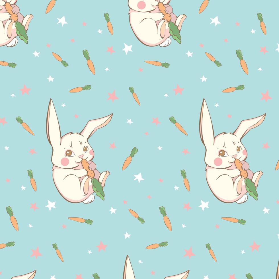 Cute baby vector drawing hare eating carrot on blue background