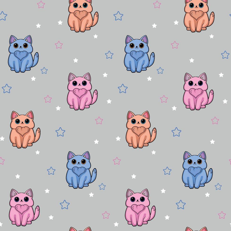 Cartoon seamless pattern with a little cat and stars on the grey vector