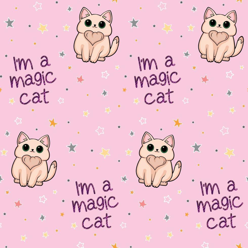 Cartoon seamless pattern with a little cat and stars on the pink vector