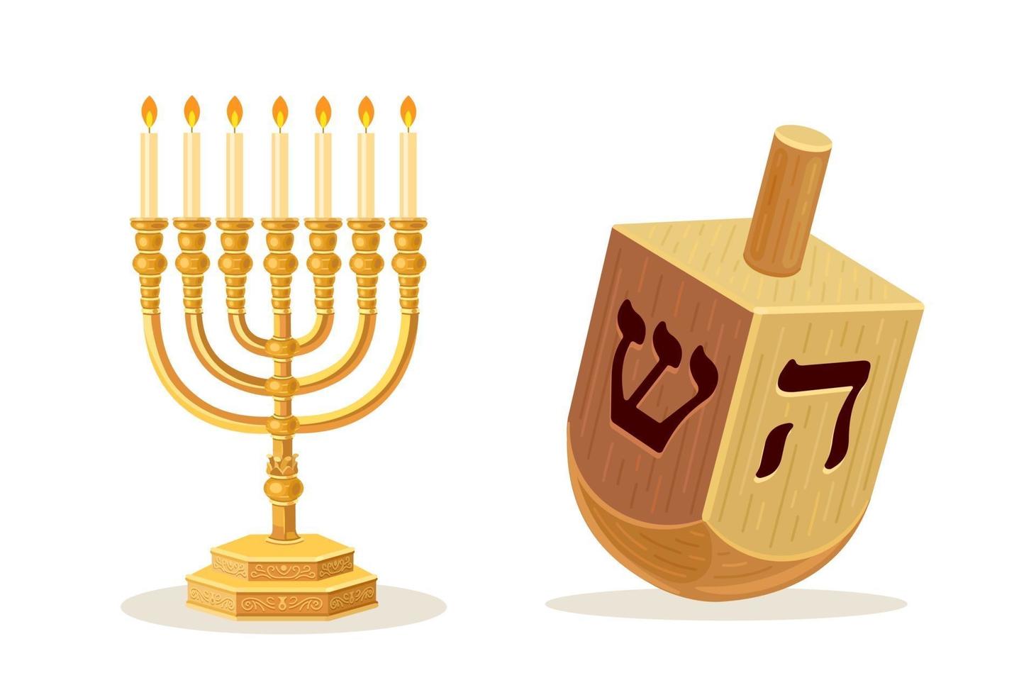 Menorah and the Dreidel. Hanukkah candlestick, Biblical candelabrum vector