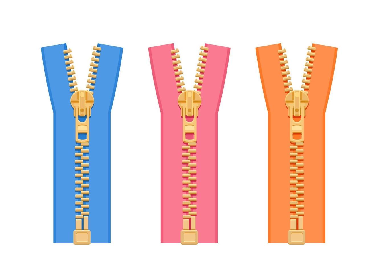 Metal zippers for clothing. Blue, pink, orange vector