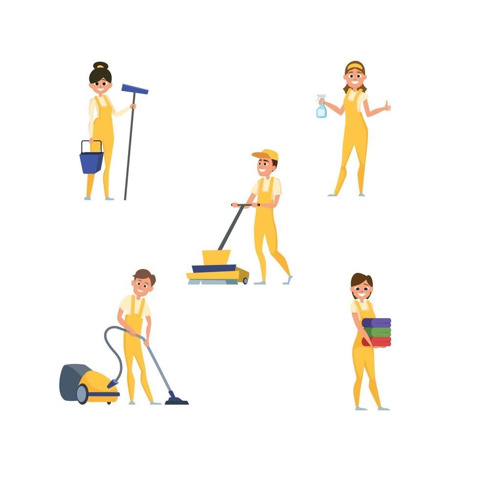 servicio de limpieza hombres y mujeres de dibujos animados con equipo de limpieza vector