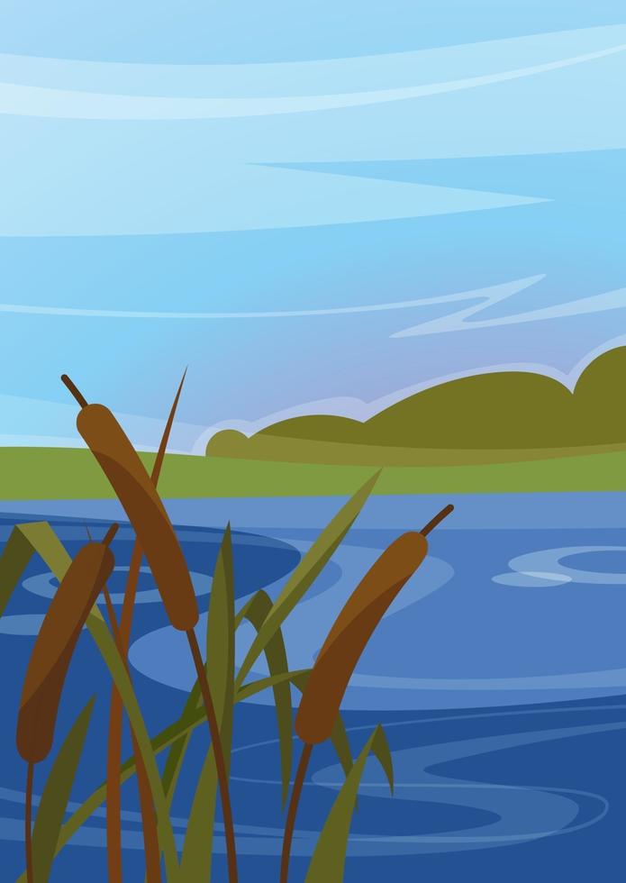 Landscape with reeds on the river. Scenery in vertical orientation. vector