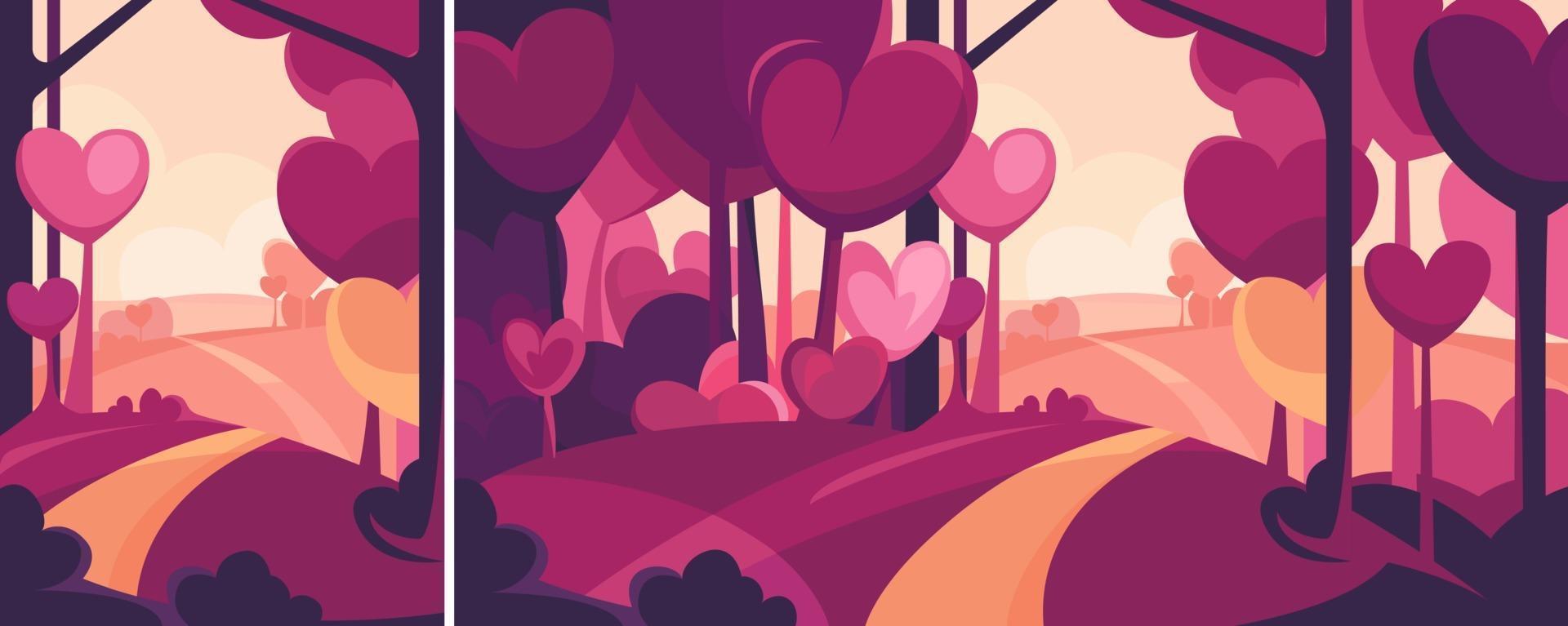 Road through the forest with heart shape trees in different formats. vector