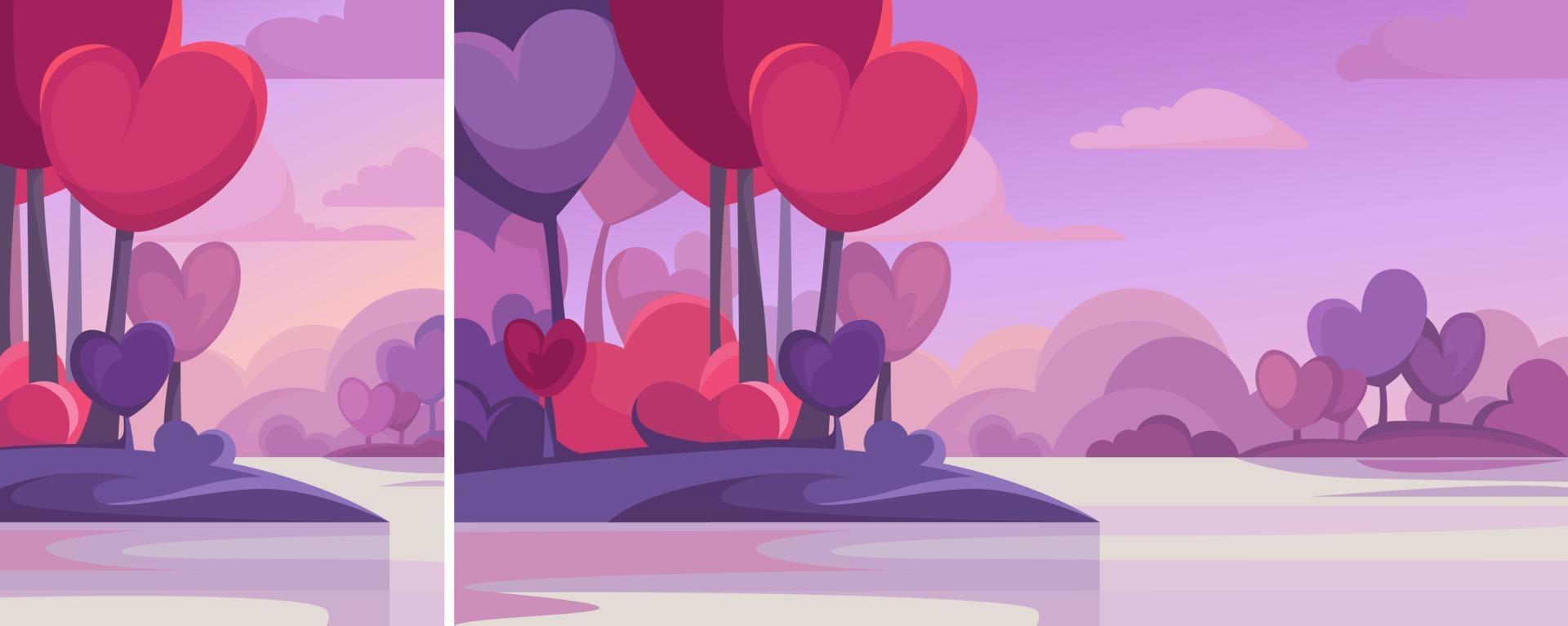 bosque con árboles en forma de corazón junto al lago en diferentes formatos. vector