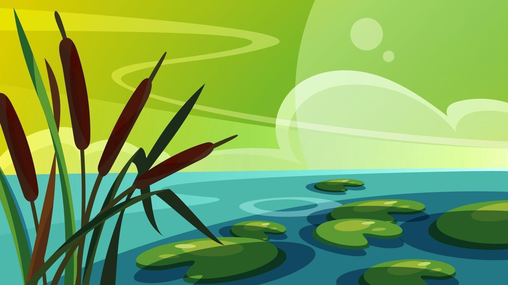 Landscape with reeds on the lake. Beautiful natural scenery. vector