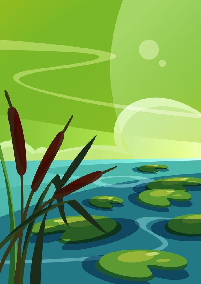 Landscape with reeds on the lake in vertical orientation. vector