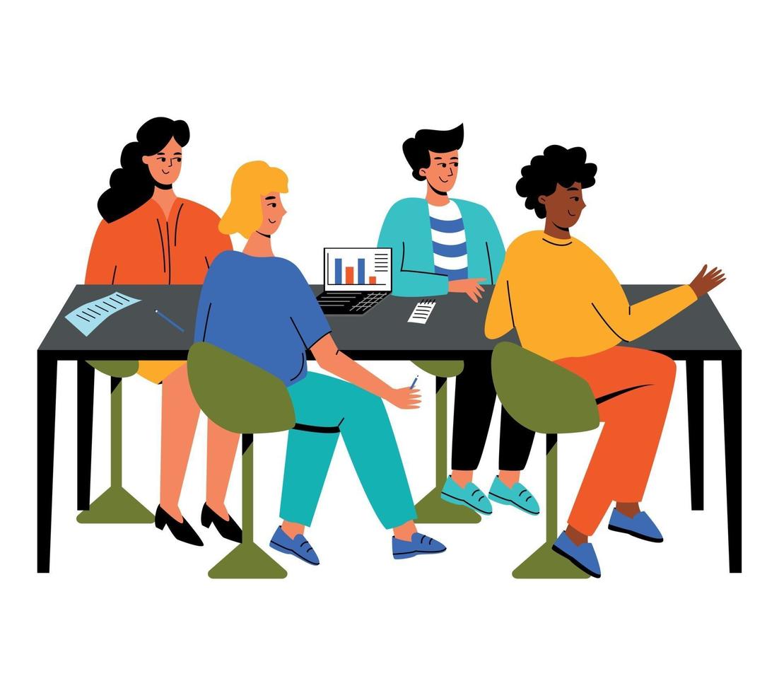 colleagues sit at the table together, teamwork vector