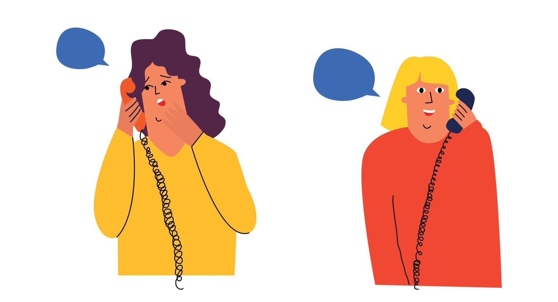 Two girls are talking to each other on the phone. Gossip vector