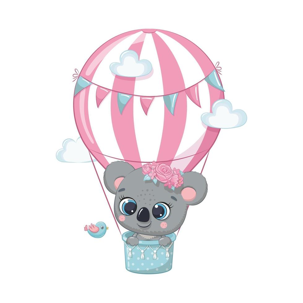 Cute baby koala bear on a hot air balloon. Vector illustration.
