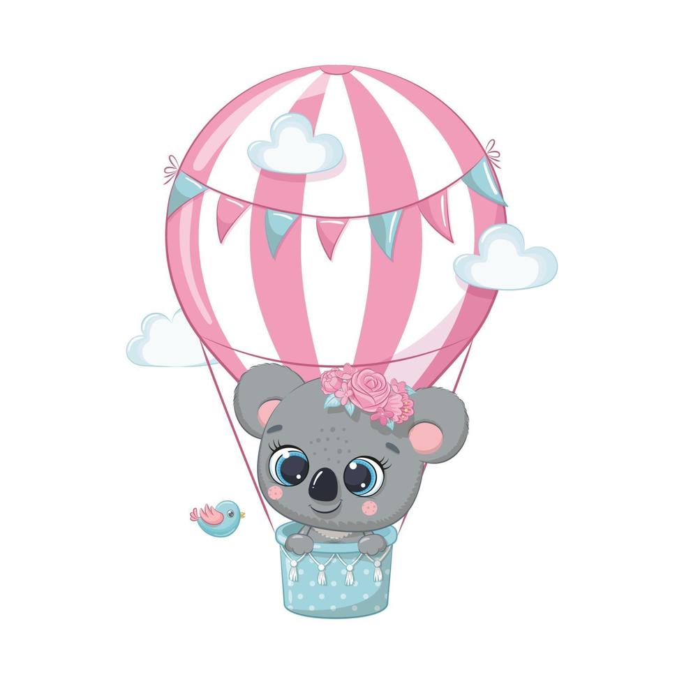 lindo bebé oso koala en un globo aerostático. ilustración vectorial. vector