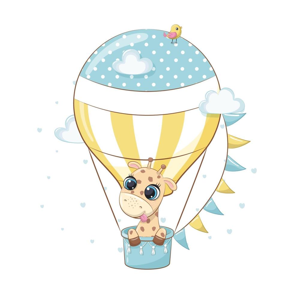 Cute baby giraffe on a hot air balloon. Vector illustration.