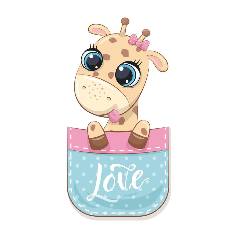 Cute baby giraffe in pocket. Vector illustration.