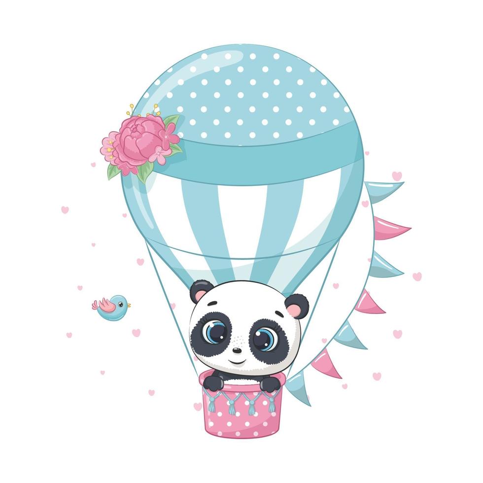 lindo bebé oso panda en un globo aerostático. ilustración vectorial. vector