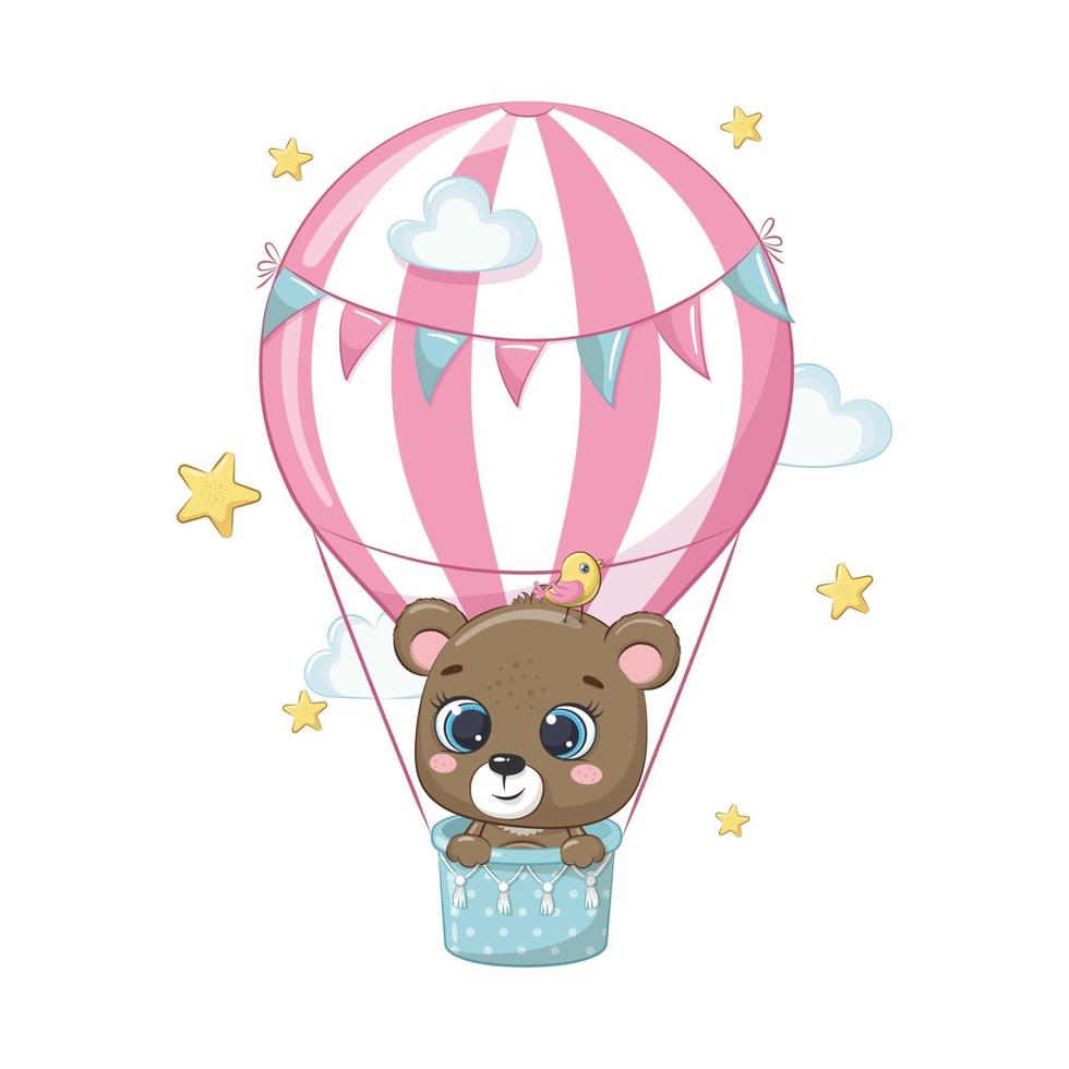 Cute baby bear on a hot air balloon. Vector illustration.
