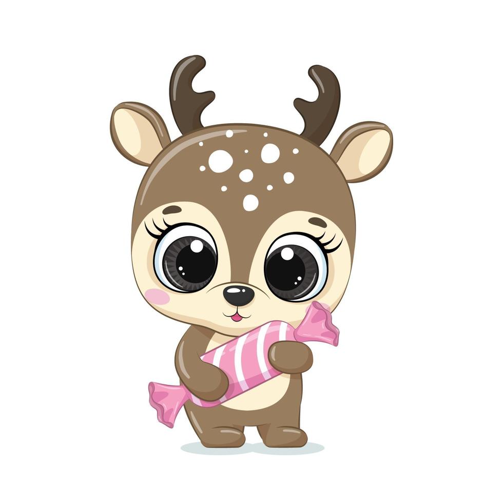 lindo bebé ciervo con dulces. ilustración vectorial. vector