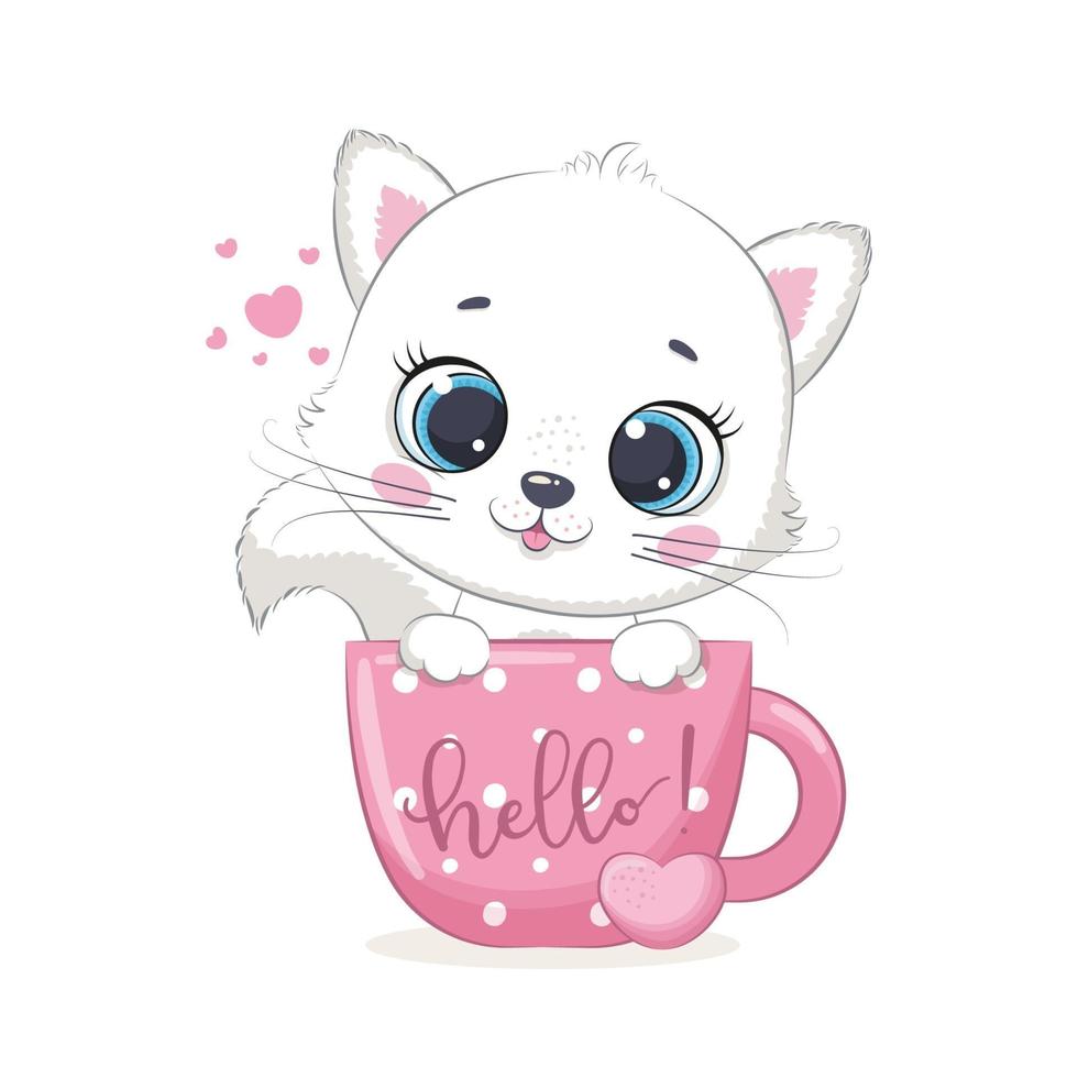 Cute baby kitten in cup. Vector illustration.