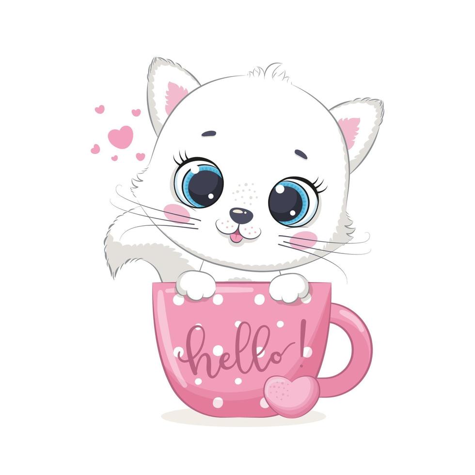 lindo gatito bebé en taza. ilustración vectorial. vector