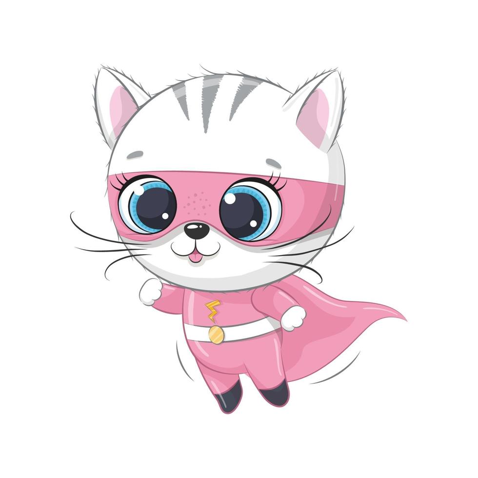 Cute kitten super hero. Vector illustration.