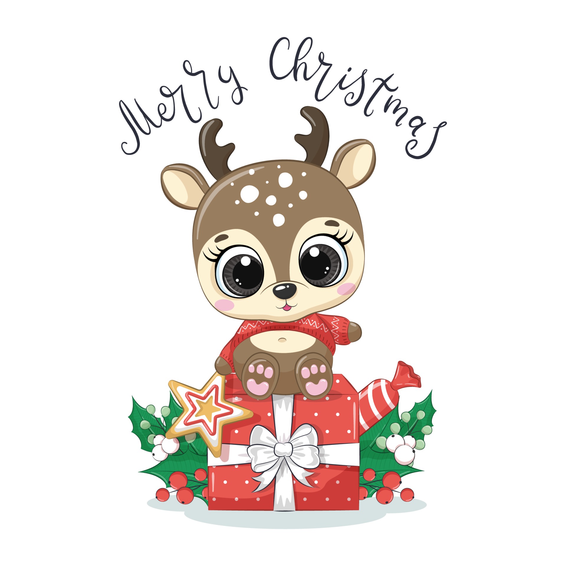 Cute baby deer with christmas gift and phrase - Merry Christmas ...