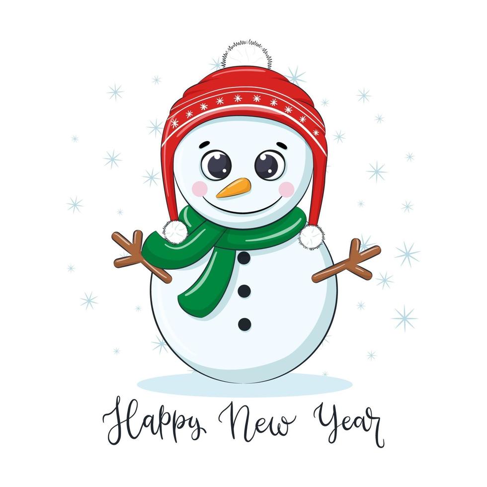 lindos muñecos de nieve alegres con frase feliz año nuevo. vector