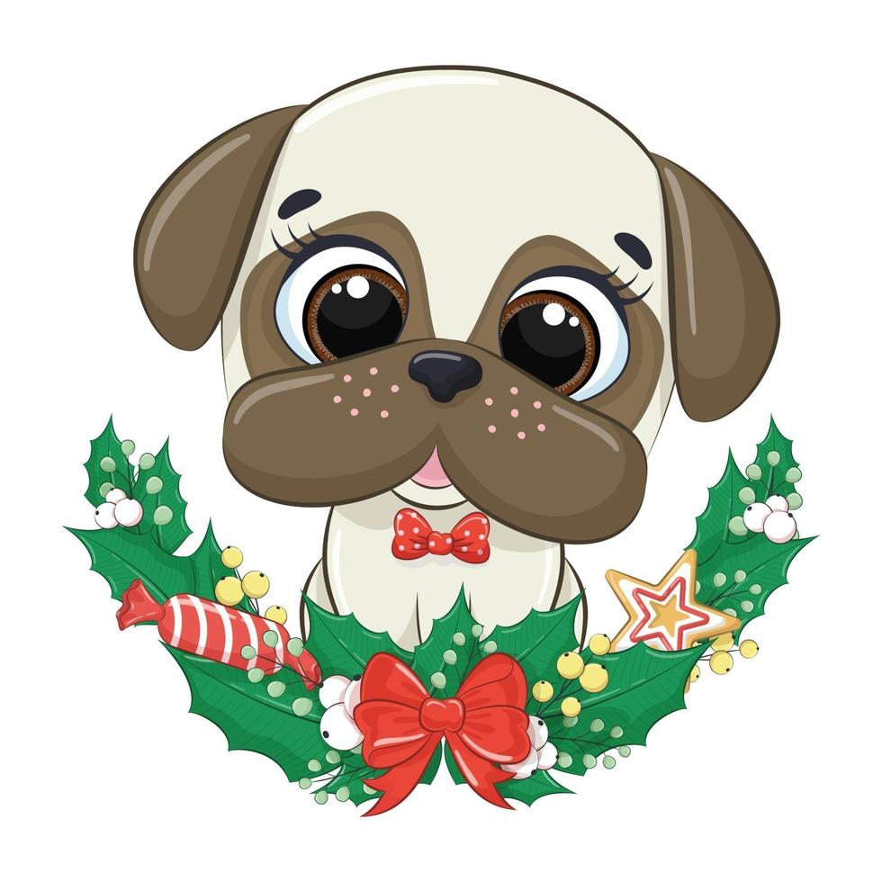 lindo perro con corona de navidad. ilustración vectorial. vector