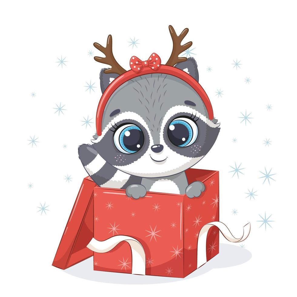 Cute raccoon in gift box. Vector illustration.