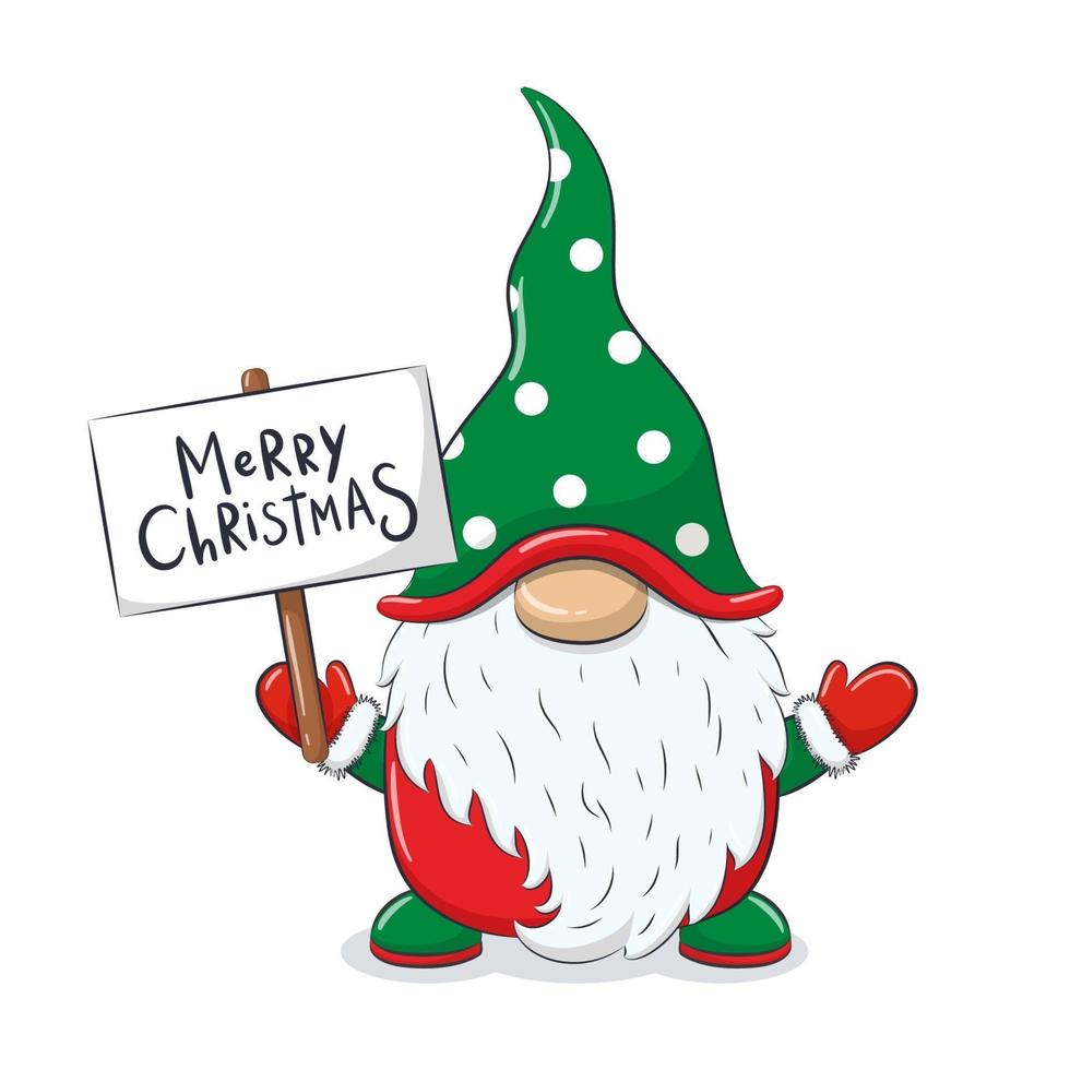 Cute cheerful gnome with phrase -Merry Christmas. vector
