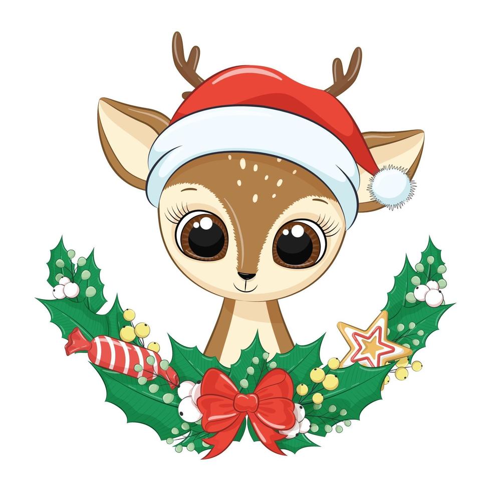 Cute deer with Christmas wreath. Vector illustration.