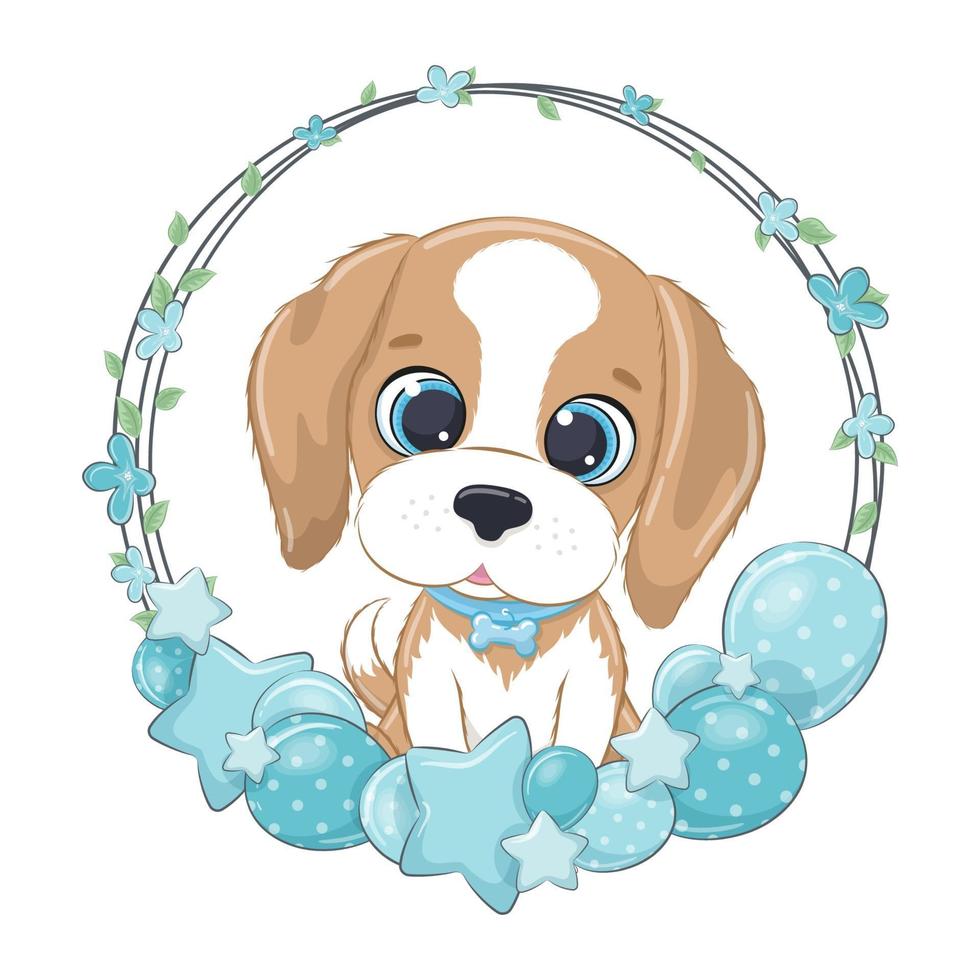 Cute doggy with balloon and wreath. Vector illustration.