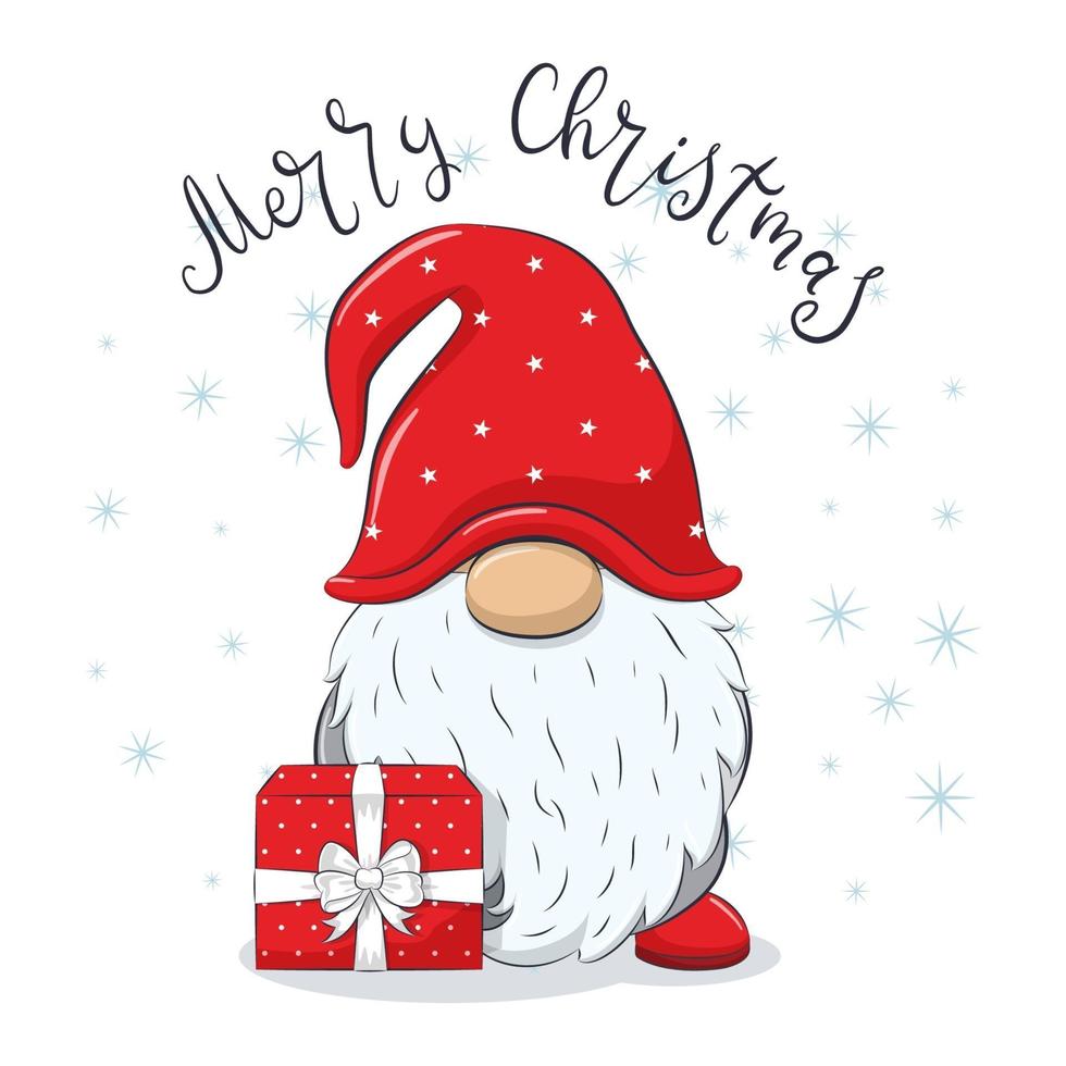 Cute cheerful gnome with phrase-Merry Christmas. vector