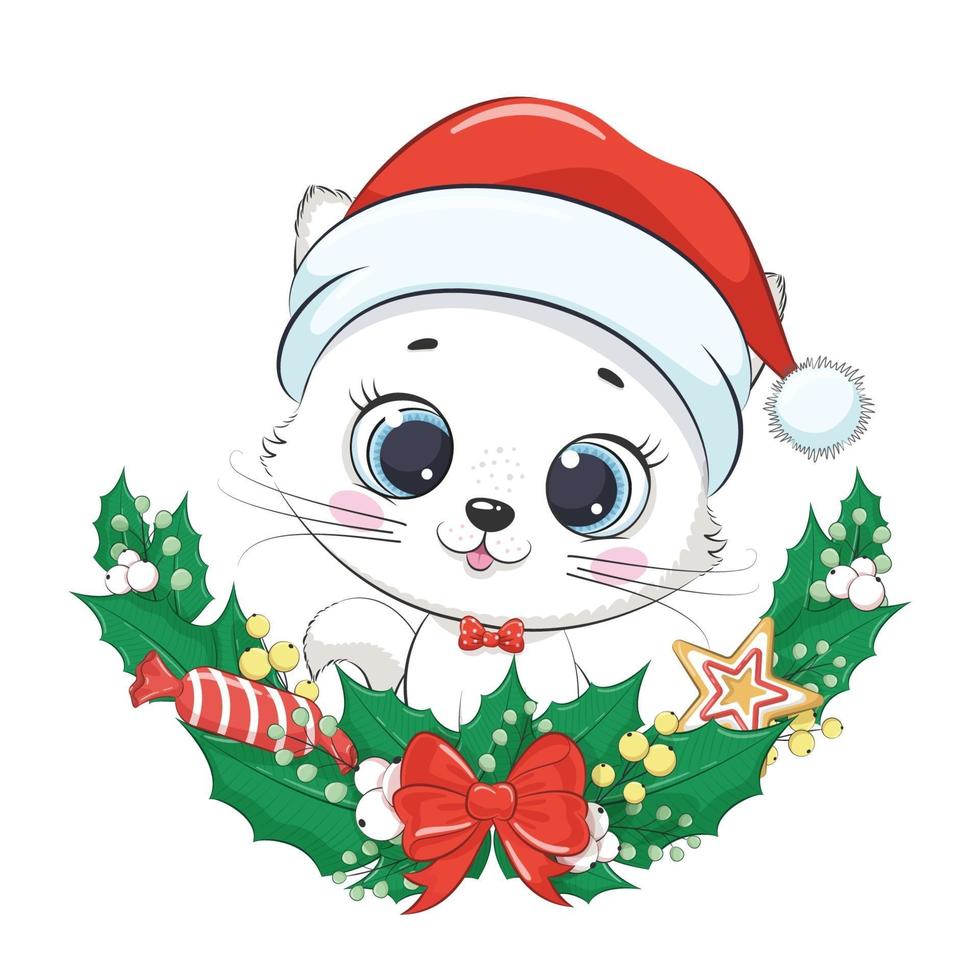 Cute kitten with Christmas wreath. Vector illustration.