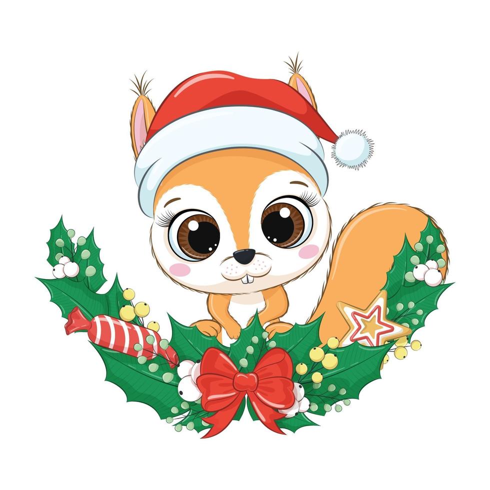 Cute squirrel with Christmas wreath. Vector illustration.