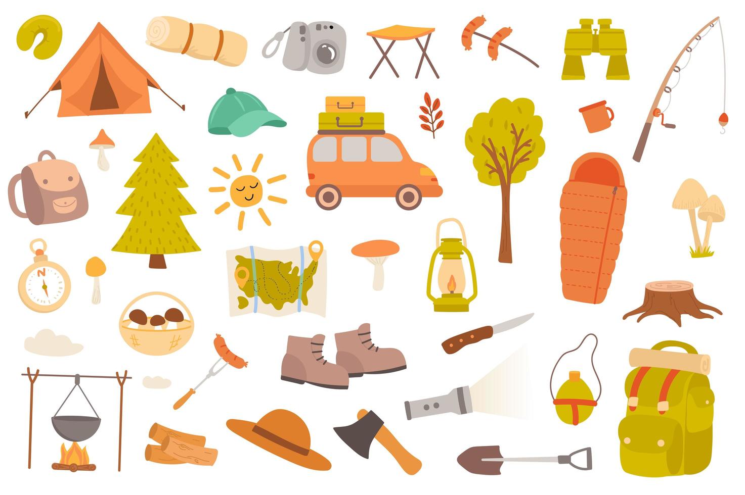 Camping and hiking isolated objects set vector