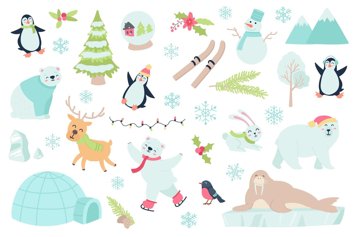 Winter time and animal isolated objects set vector