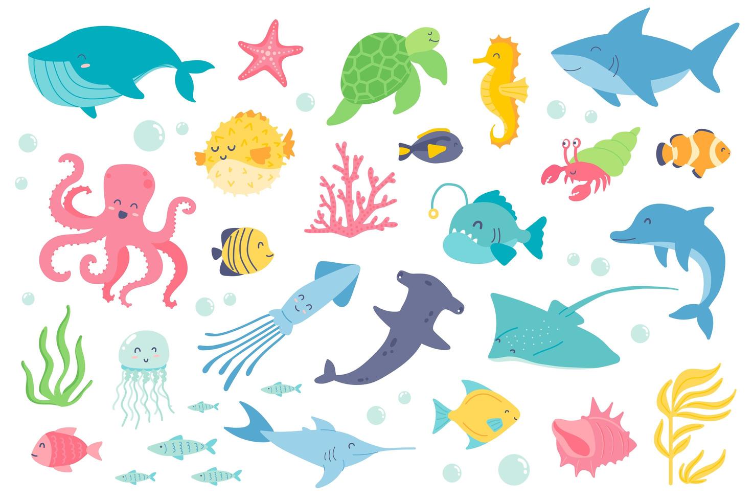 Conjunto de objetos aislados de animales y peces bajo el agua vector