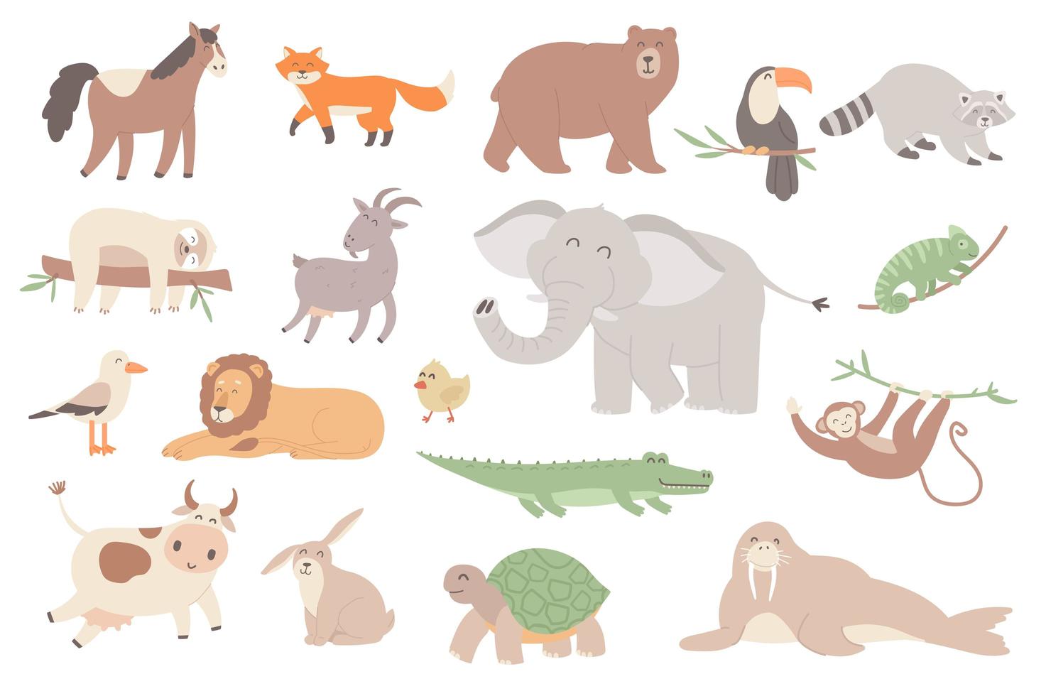 lindo conjunto de objetos aislados de animales vector