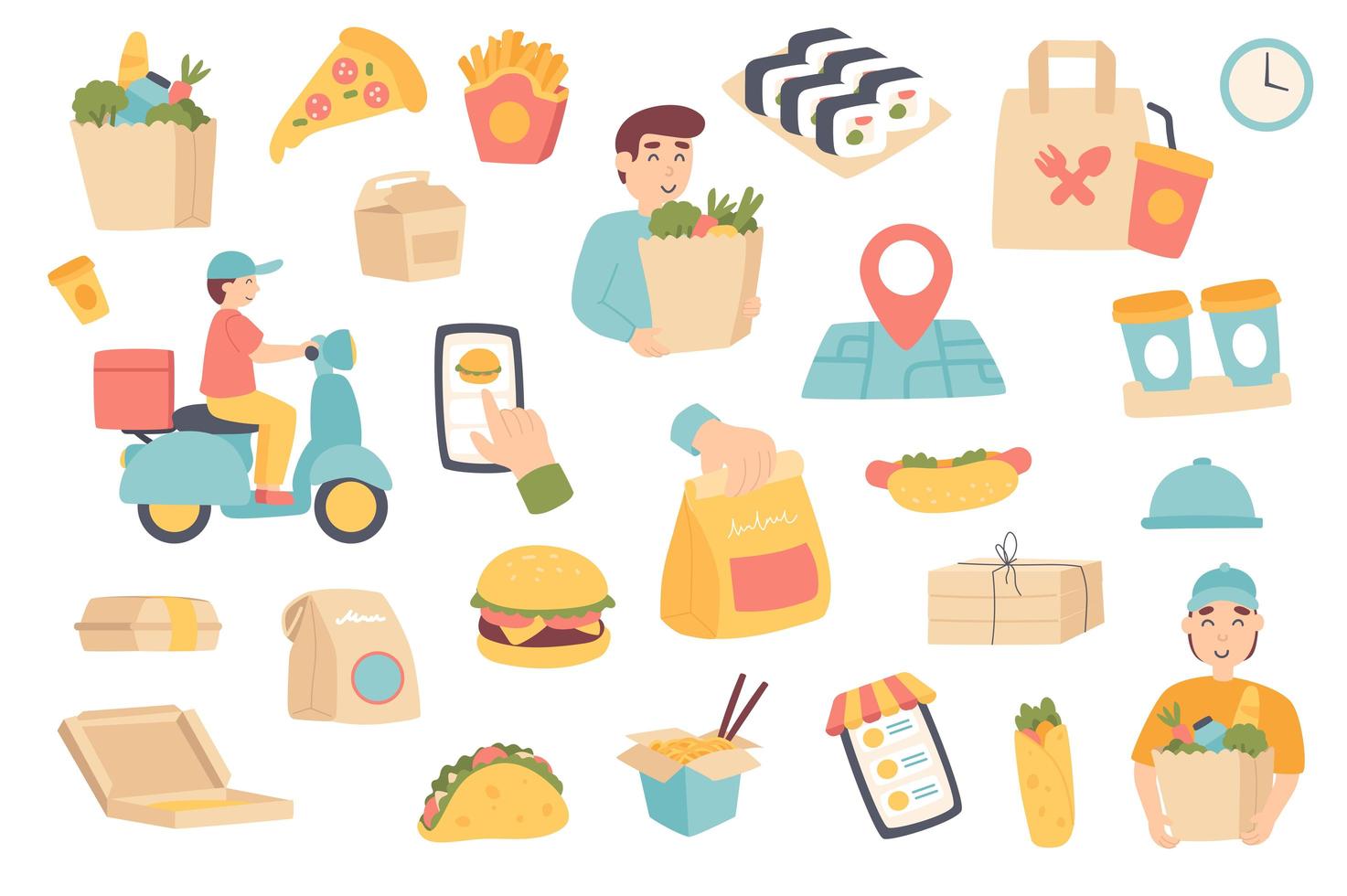 Food delivery isolated objects set vector