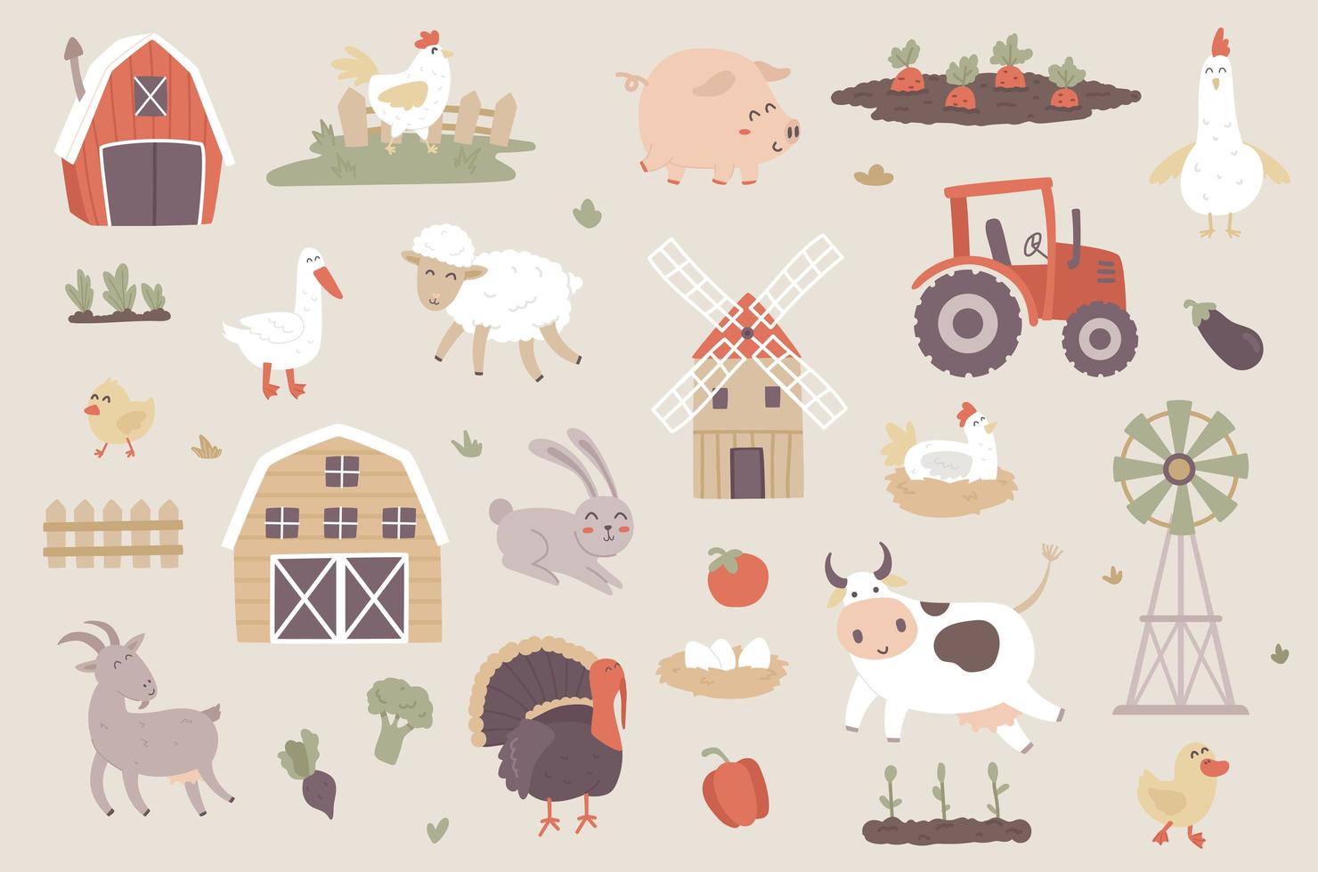 Livestock farm isolated objects set vector