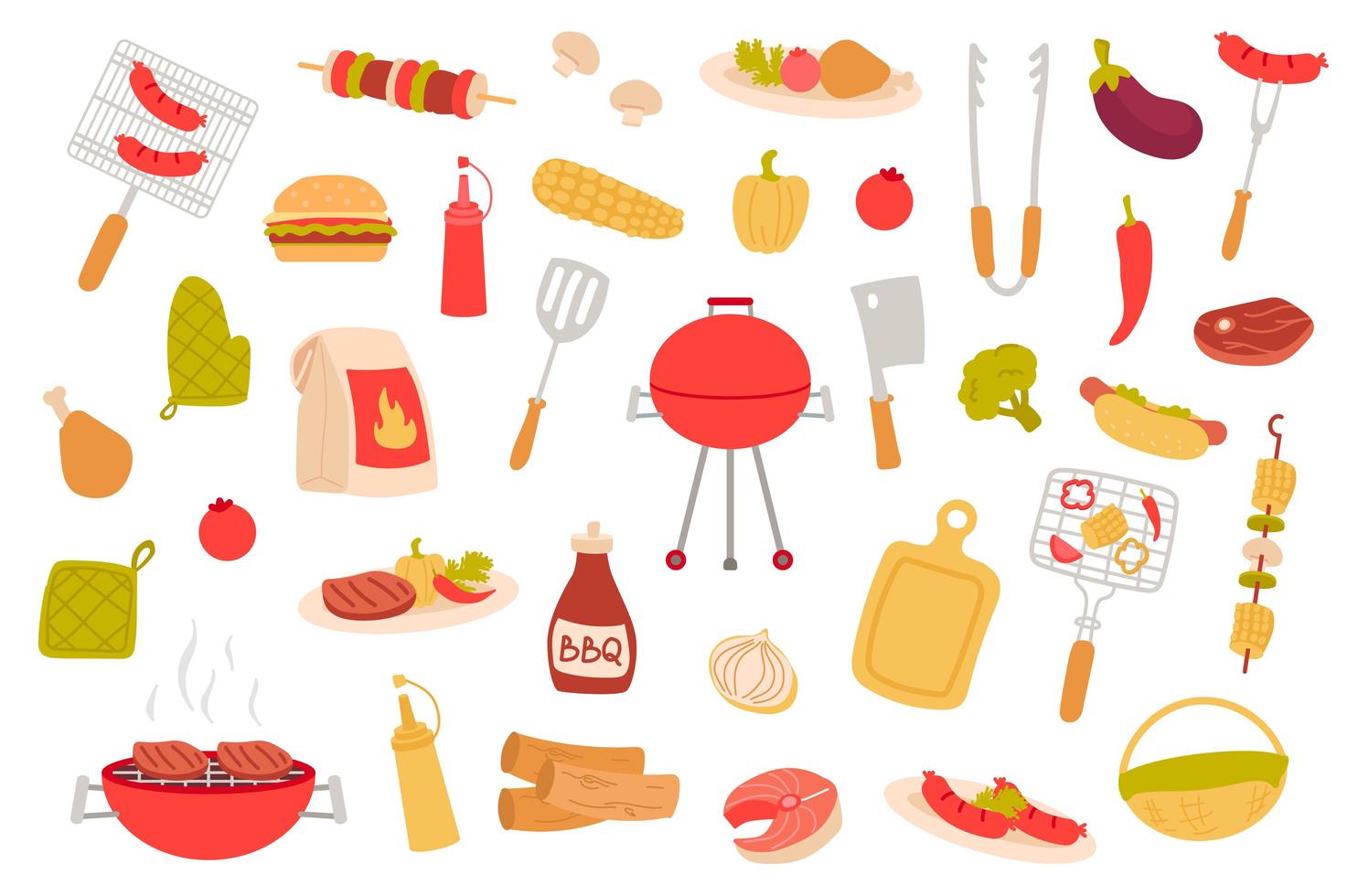 barbacoa, picnic, aislado, objetos, conjunto vector