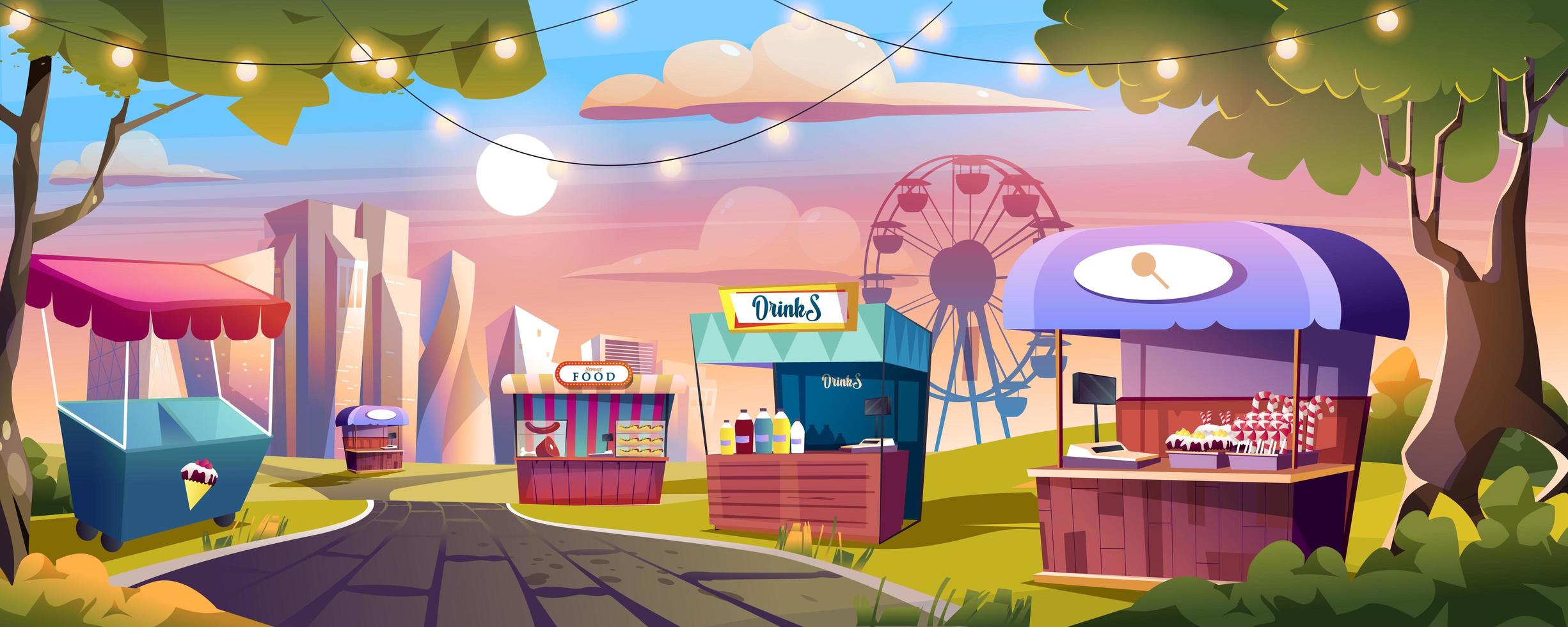 Food market and amusement park landing page web banner background vector